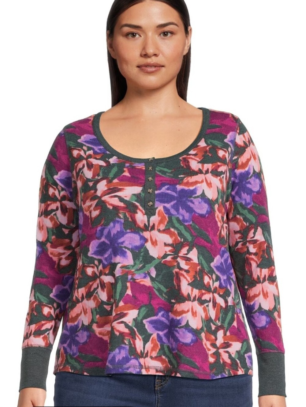 Terra & Sky Floral Henley Long Sleeve Top - Purple, Pink & Green